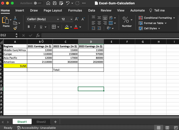 SUM as show on Excel Status bar after Column Selection
